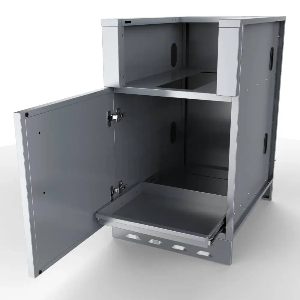 Sunstone SAC20CSDL 20-inch appliance cabinet with left door open and pull-out tray, stainless storage access for outdoor kitchen setups.