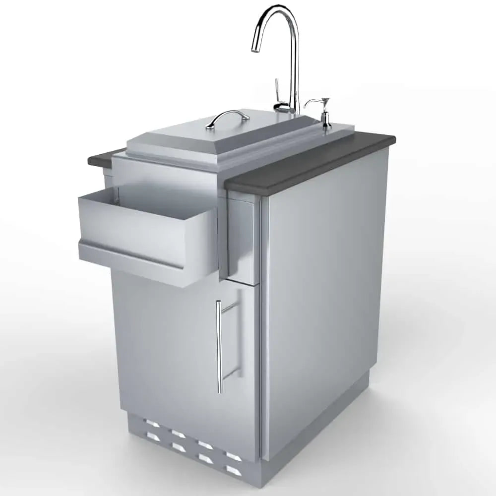 Sunstone SAC20CSDL 20" left-door appliance cabinet shown with sink and pull-out trash drawer, stainless outdoor kitchen waste bin storage.