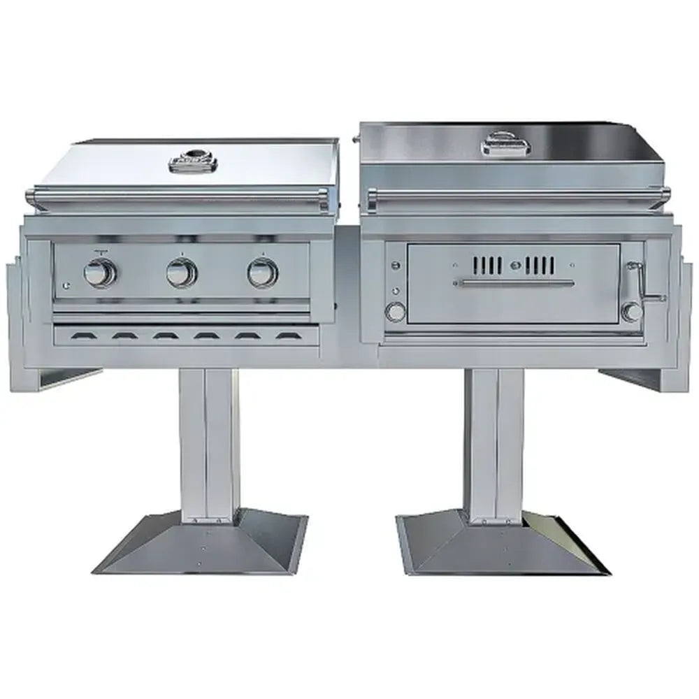 Sunstone Ruby-Hybrid Pro Duo Post Mount grill combo with gas grill and charcoal smoker on pedestal bases