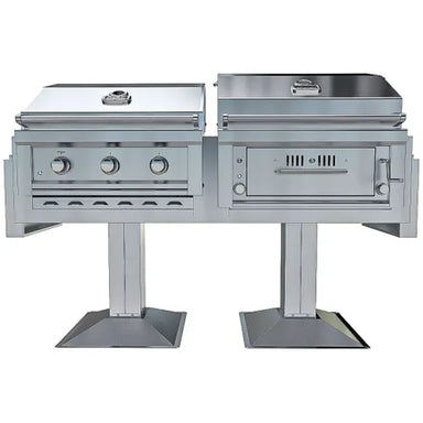 Sunstone Ruby-Hybrid Pro Duo Post Mount grill combo with gas grill and charcoal smoker on pedestal bases