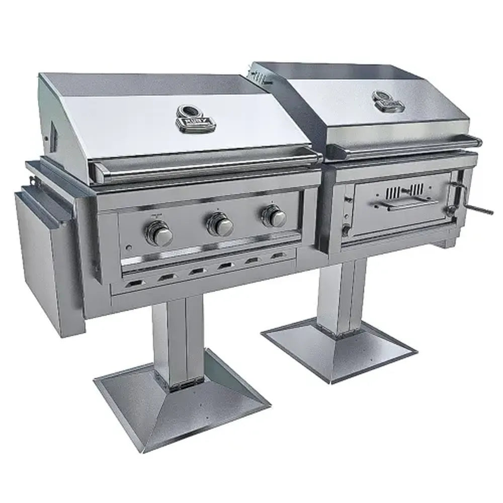 Sunstone Ruby-Hybrid Pro Duo Post Mount stainless steel outdoor grill and charcoal BBQ closed hood view
