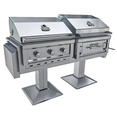 Sunstone Ruby-Hybrid Pro Duo Post Mount stainless steel outdoor grill and charcoal BBQ closed hood view