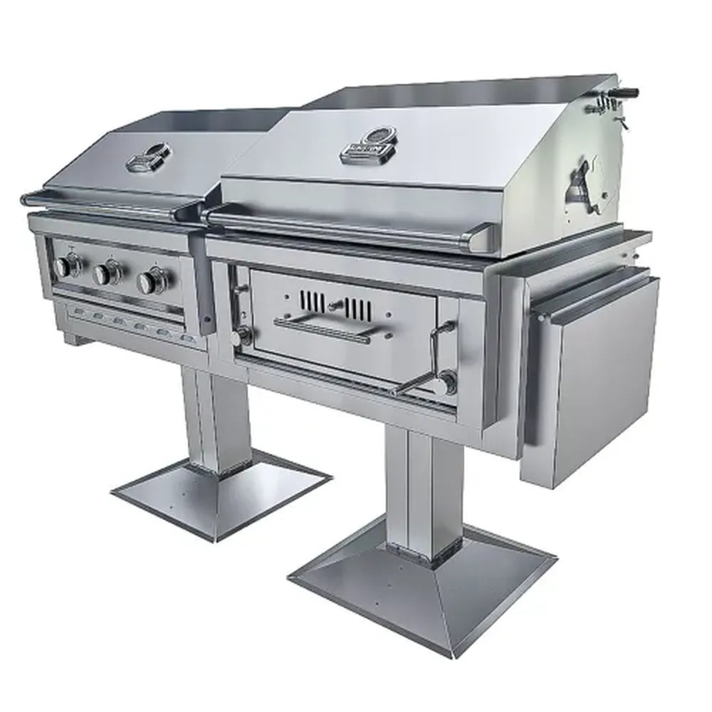 Sunstone Ruby-Hybrid Pro Duo Post Mount dual fuel grill system with gas burners and charcoal firebox