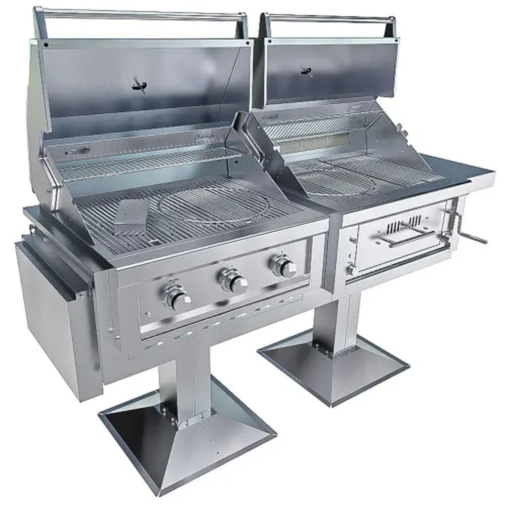 Sunstone Ruby-Hybrid Pro Duo Post Mount open lid configuration with multi-zone cooking grates