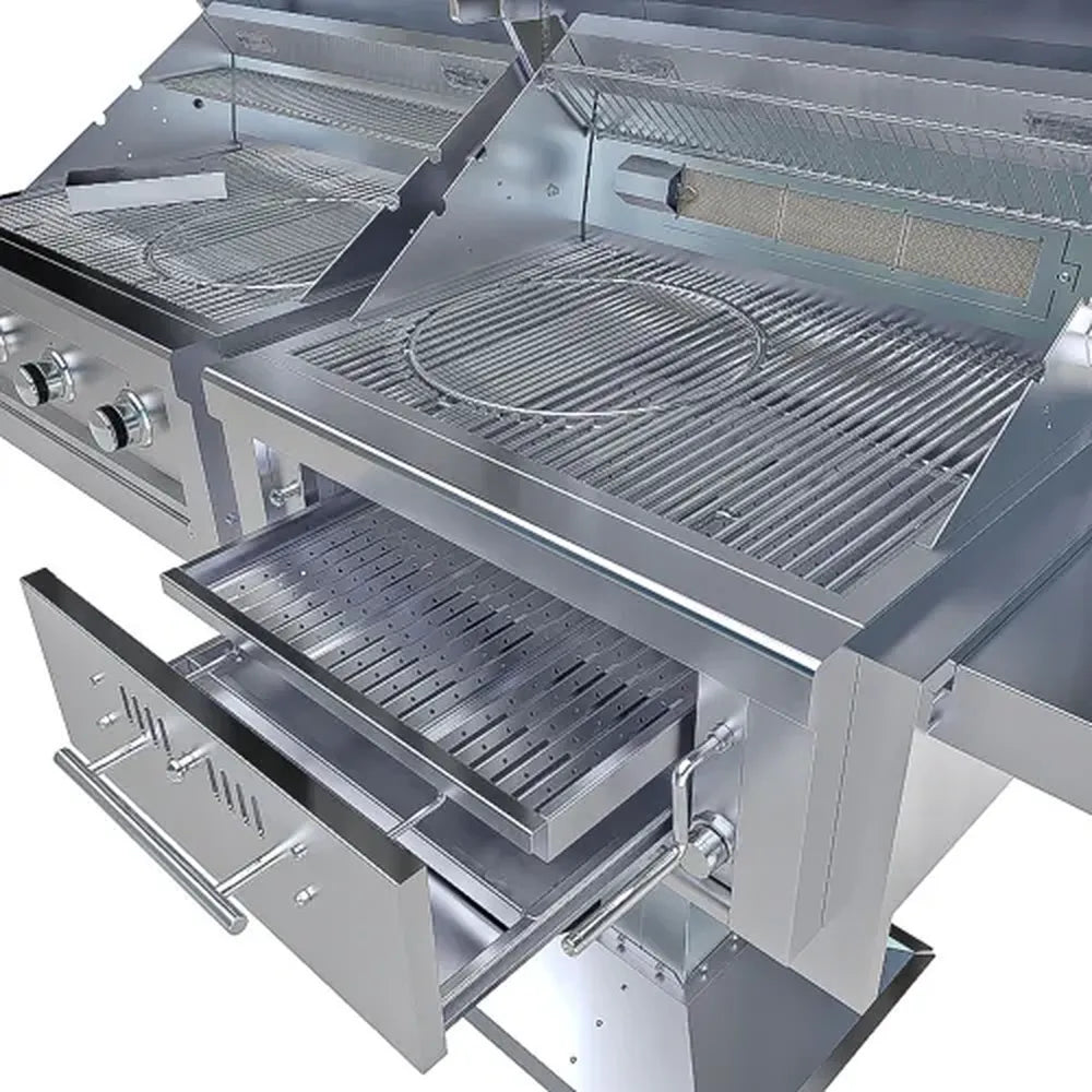 Sunstone Ruby-Hybrid Pro Duo Post Mount interior with rotisserie rod and adjustable charcoal tray