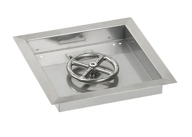 Stainless steel square drop-in fire pit pan with round ring burner assembly for Travertine T&M fire pit kit.