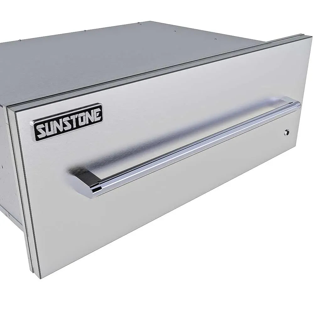 Side angle of the Sunstone Designer Series replacement panel for 30-inch warming drawers, highlighting the flush-mount aesthetic and modern handle design.
