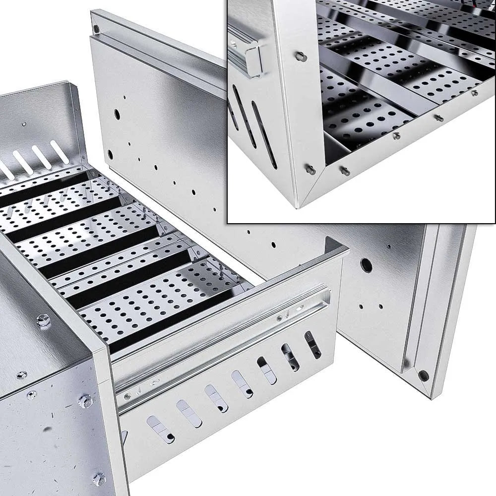 Detailed view of the Sunstone SAP30WDDE Designer Face Panel installation on a 30-inch warming drawer, showing the interior perforated stainless steel trays and rear mounting configuration.