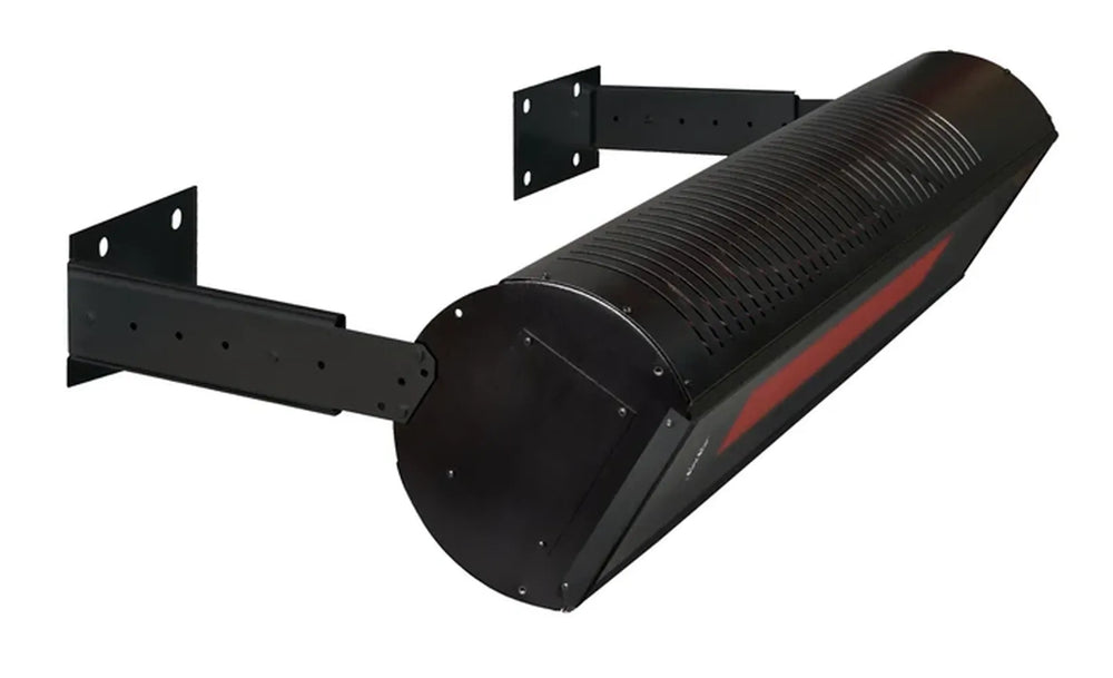 Wall-mounted SunStar SGL1560 48-inch glass gas heater showing adjustable mounting brackets for angled heat.