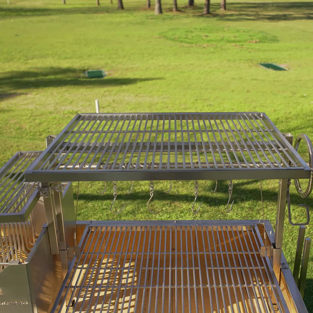 Tagwood BBQ26SS XL Santa Maria grill upper warming rack and hanging hook rail detail