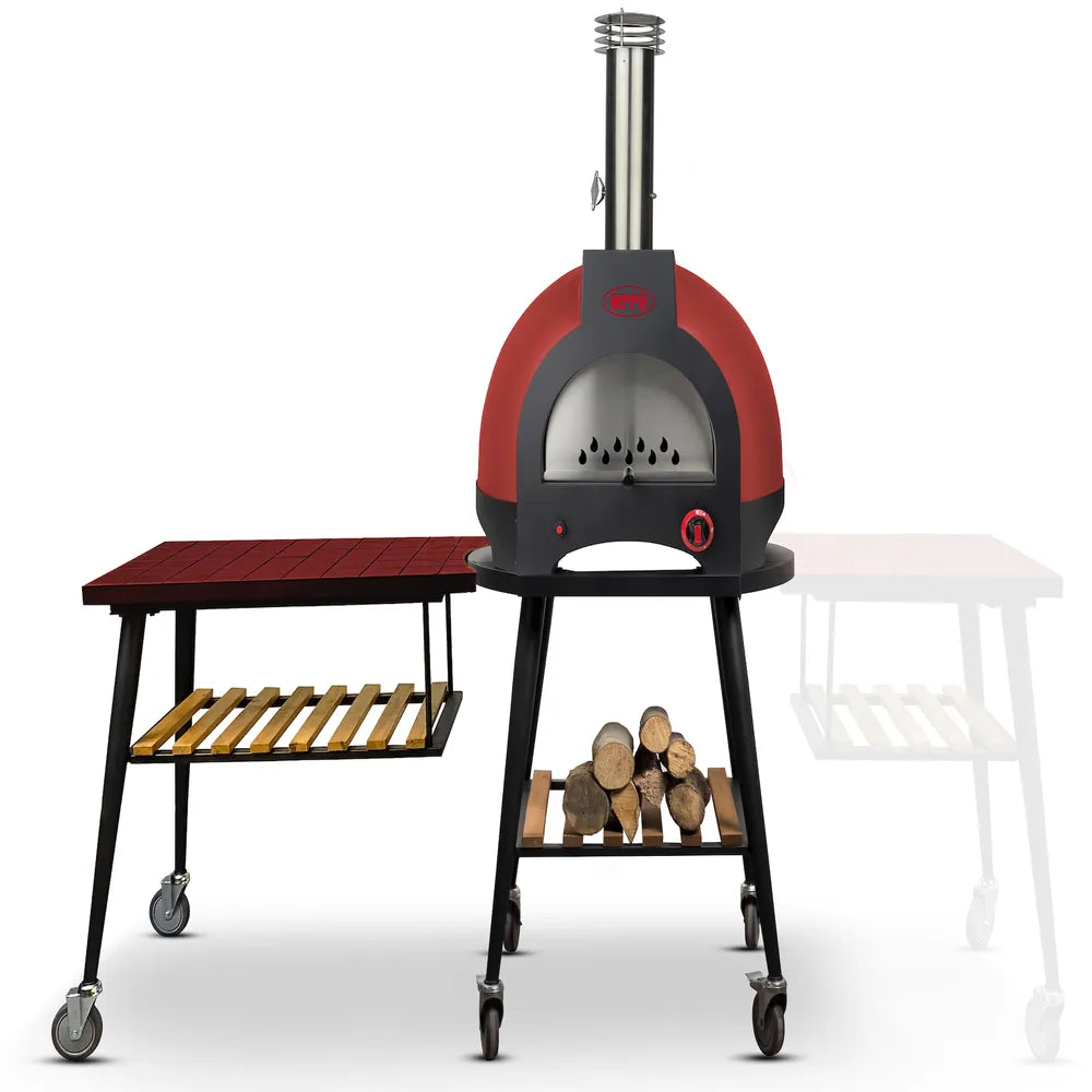 WPPO Infinity 103cm side table with red tiled top, wheeled frame, wood shelf, and wood-fired oven attachment.