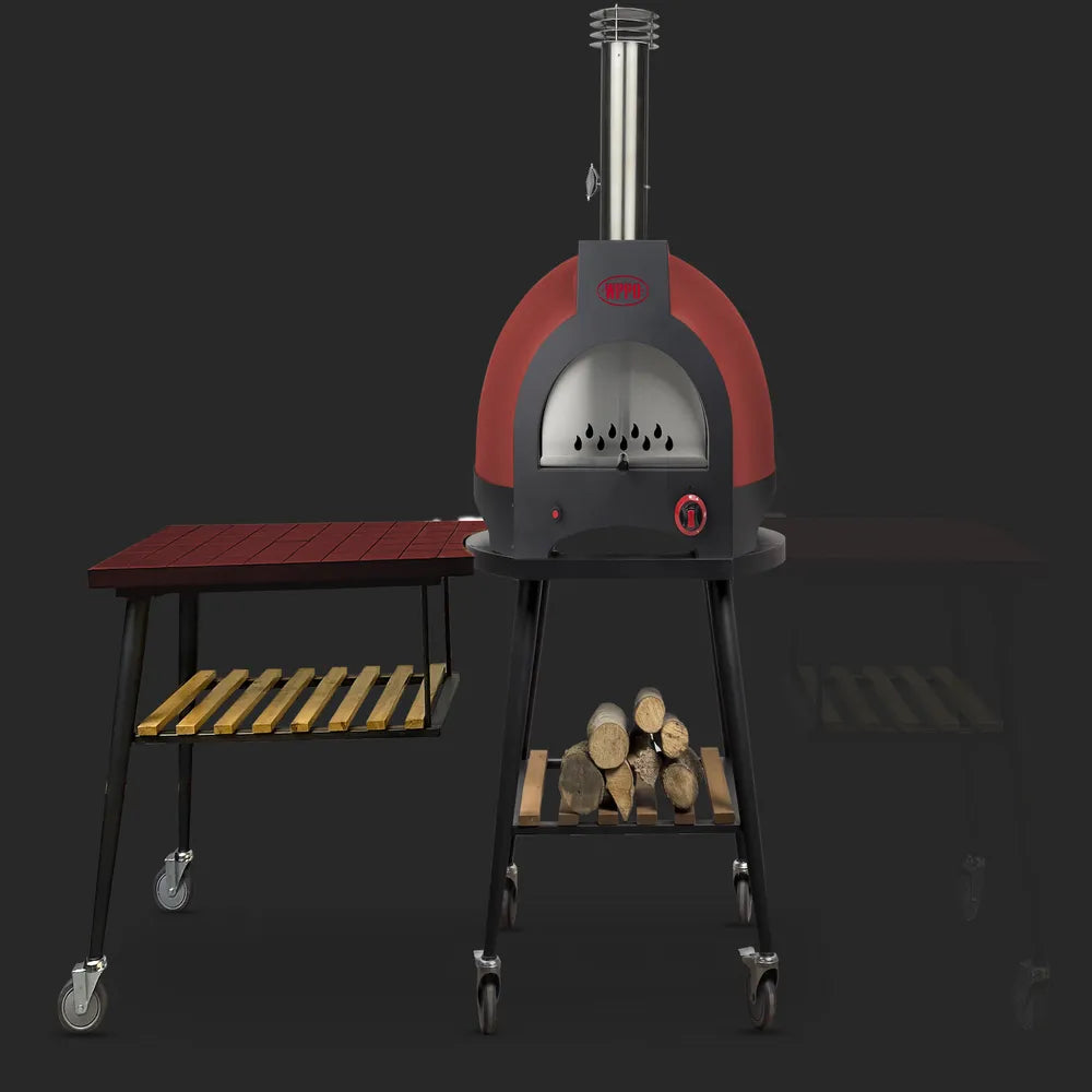 WPPO Infinity 103cm side table beside WPPO oven with red tile surface, storage shelf, caster wheels, and firewood.