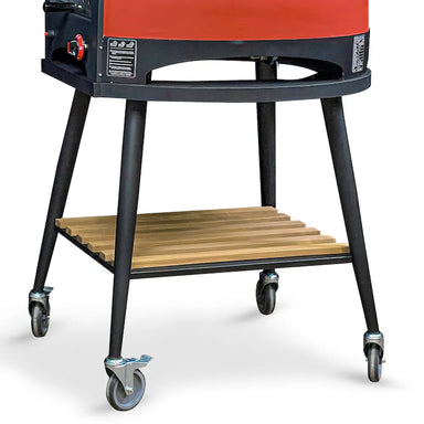 WPPO Infinity 66 wheeled trolley cart with black steel legs, caster wheels, and slatted wood storage shelf.