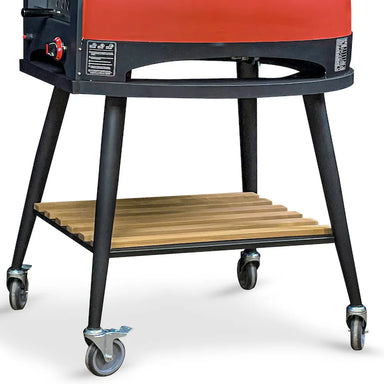 WPPO Infinity 50 wheeled trolley cart with black steel legs, caster wheels, and slatted wood storage shelf.