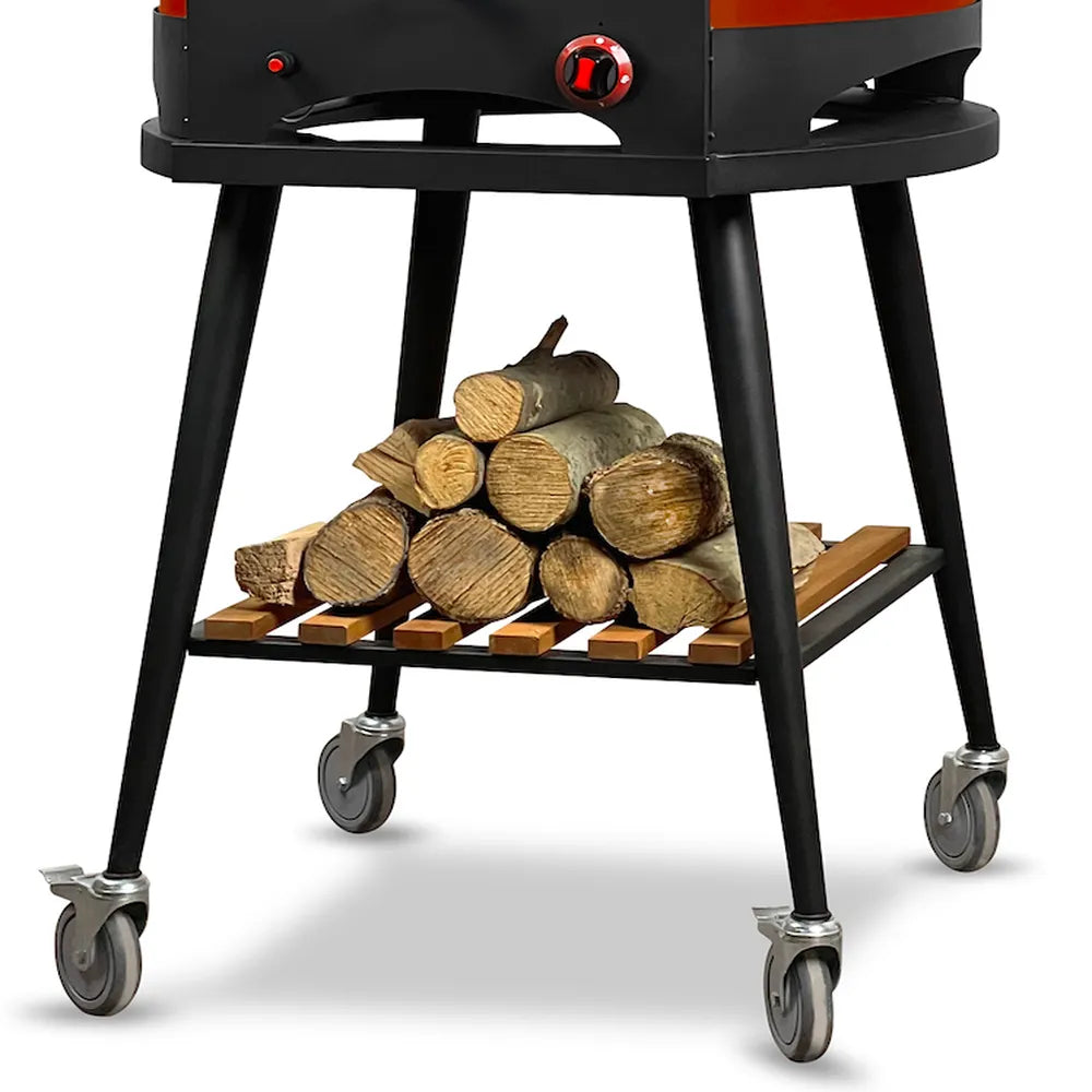 WPPO Infinity 50 trolley cart holding firewood on lower slatted shelf with rolling caster wheels.