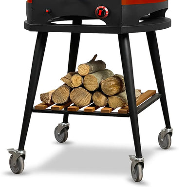 WPPO Infinity 50 trolley cart holding firewood on lower slatted shelf with rolling caster wheels.