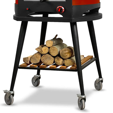 WPPO Infinity 66 trolley cart with stacked firewood on lower wood shelf, black frame, and rolling caster wheels.