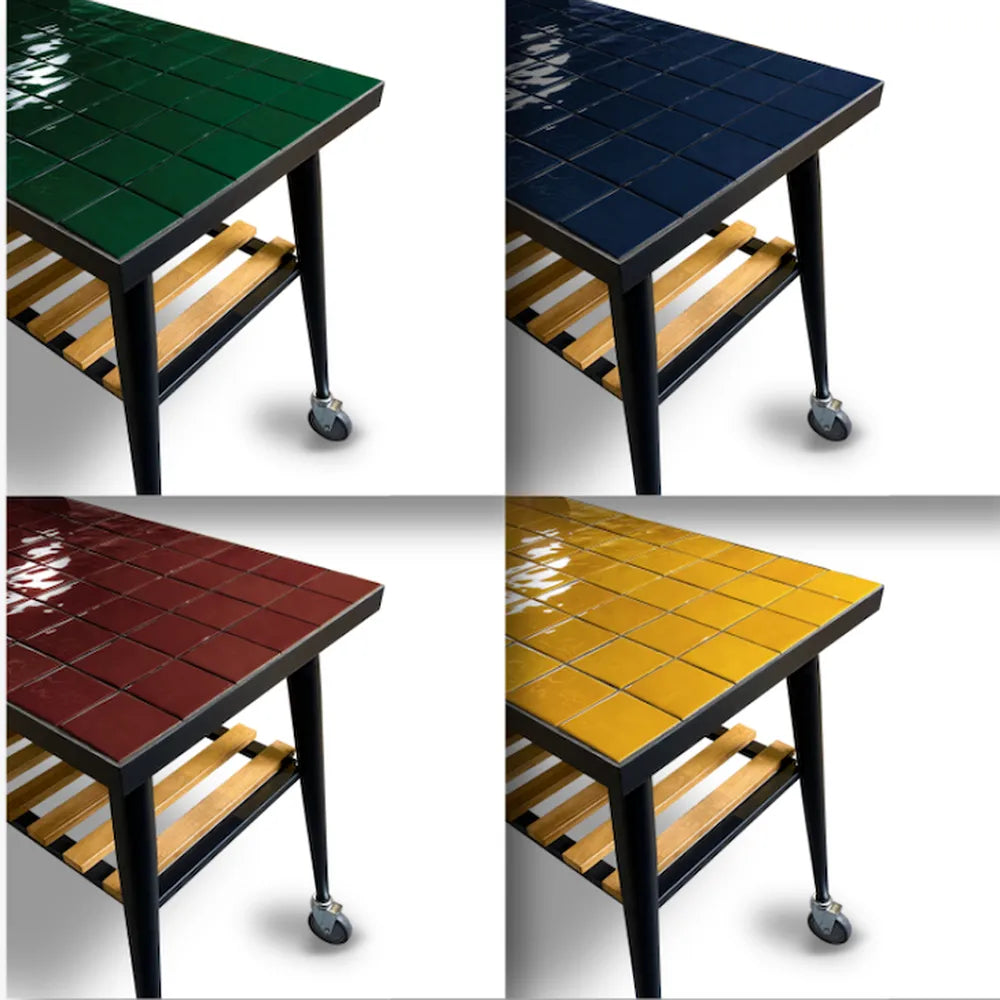 WPPO Infinity 103cm side table color options showing green, blue, red, and yellow tiled tops with wheeled frames.