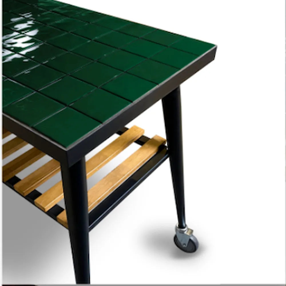 WPPO Infinity 75cm side table with glossy green tile top, black frame, caster wheel, and lower storage shelf.