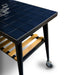 WPPO Infinity 103cm side table with glossy blue tile top, black metal frame, caster wheel, and wood slat shelf.