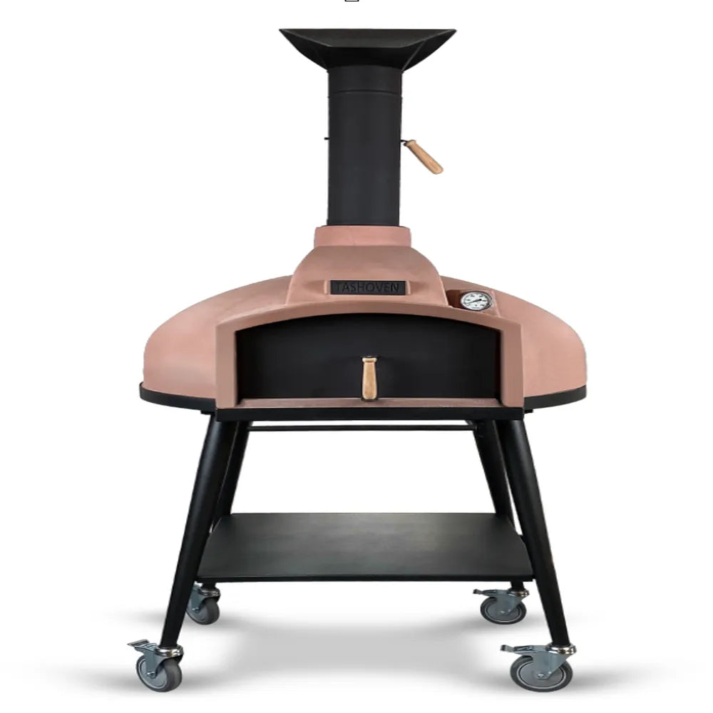 WPPO Red Rock 100 wood-fired stone oven with pink dome, black chimney, wheeled cart, thermometer, and storage shelf.