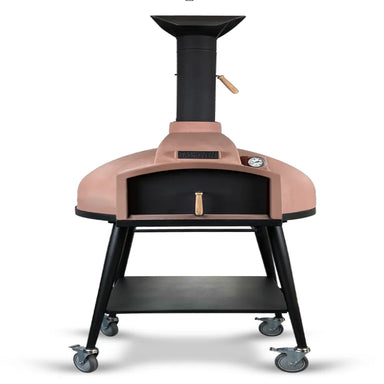 WPPO Red Rock 100 wood-fired stone oven with pink dome, black chimney, wheeled cart, thermometer, and storage shelf.
