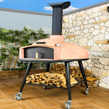 WPPO Red Rock 100 outdoor wood-fired stone oven on patio with firewood storage, chimney, caster wheels, and peach dome.