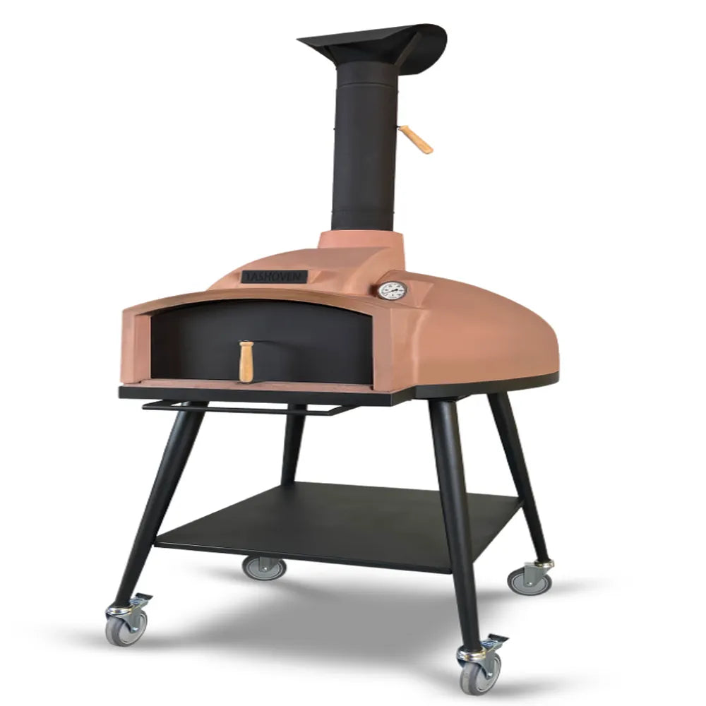 WPPO Red Rock 100 wood-fired stone oven with black chimney, arched door, thermometer, rolling cart, and lower shelf.