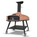 WPPO Red Rock 100 wood-fired stone oven with black chimney, arched door, thermometer, rolling cart, and lower shelf.