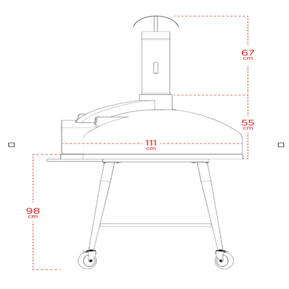 WPPO Red Rock 100 side dimension diagram showing 111 cm oven length, 98 cm cart height, and 67 cm chimney height.