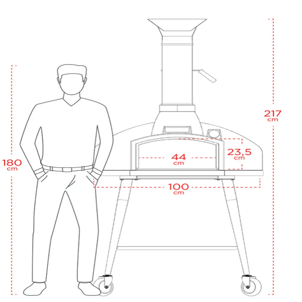 WPPO Red Rock 100 front dimension diagram with 44 cm oven opening, 100 cm width, 217 cm height, and 180 cm person scale.