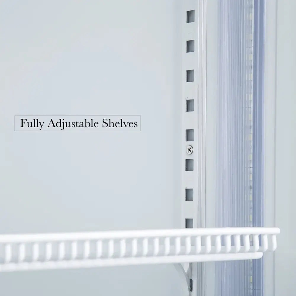 Close-up of the fully adjustable shelf tracking system and LED lighting strip inside the KingsBottle G380 upright cooler.