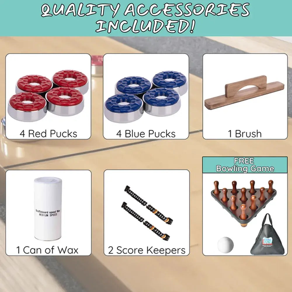 Quality accessories included with the Freetime Fun Shuffleboard: 4 red and 4 blue pucks, brush, wax, score keepers, and a free bowling game set.