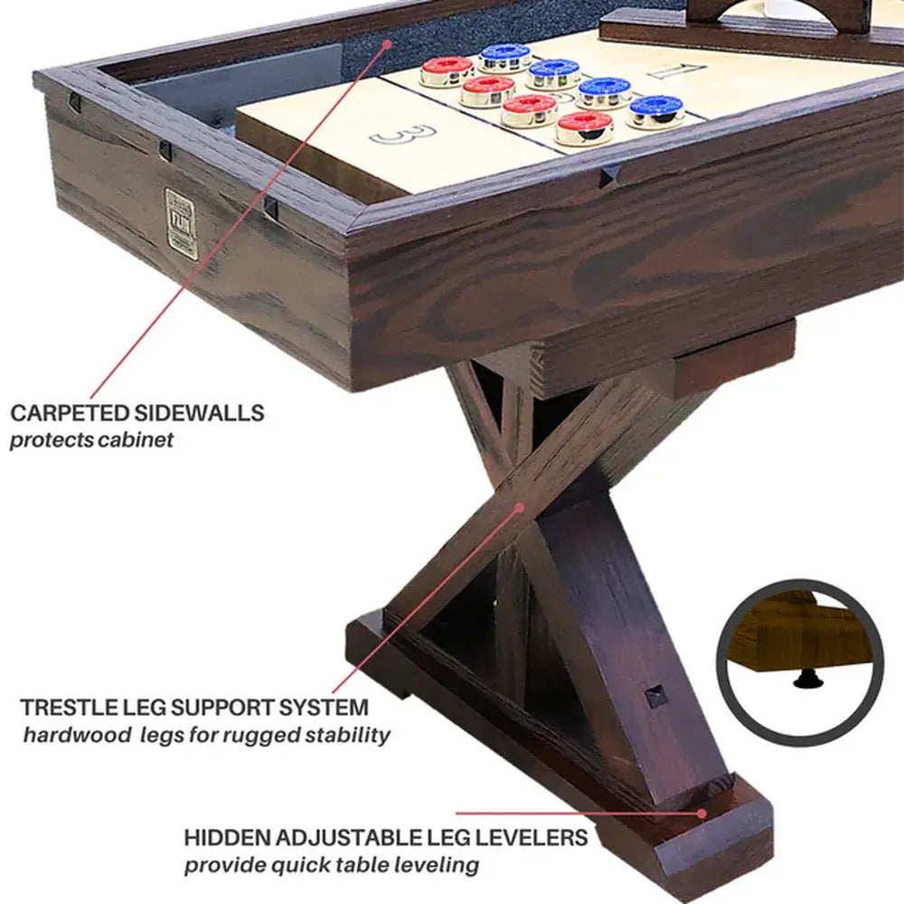 Detailed view of the Freetime Fun Shuffleboard's trestle leg support system, carpeted sidewalls, and hidden adjustable leg levelers for stability.