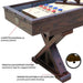 Detailed view of the Freetime Fun Shuffleboard's trestle leg support system, carpeted sidewalls, and hidden adjustable leg levelers for stability.