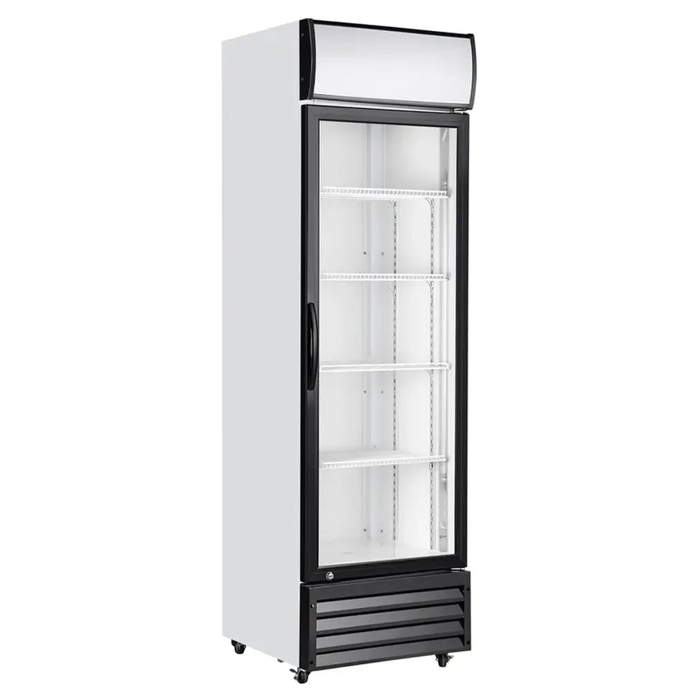 KingsBottle G380 single glass door upright display merchandiser refrigerator with white exterior and black trim on a white background.