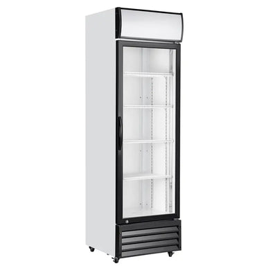 KingsBottle G380 single glass door upright display merchandiser refrigerator with white exterior and black trim on a white background.