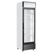KingsBottle G380 single glass door upright display merchandiser refrigerator with white exterior and black trim on a white background.