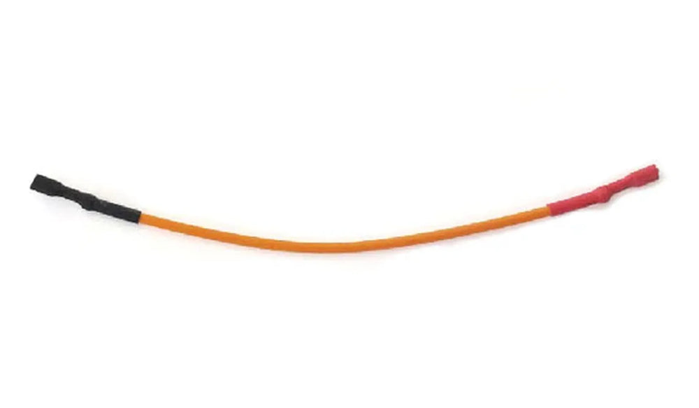 Sunstone P-IgnitorW-s grill ignitor short wire replacement, orange ignition lead with red and black connectors, BBQ grill part on white background.