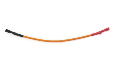 Sunstone P-IgnitorW-s grill ignitor short wire replacement, orange ignition lead with red and black connectors, BBQ grill part on white background.