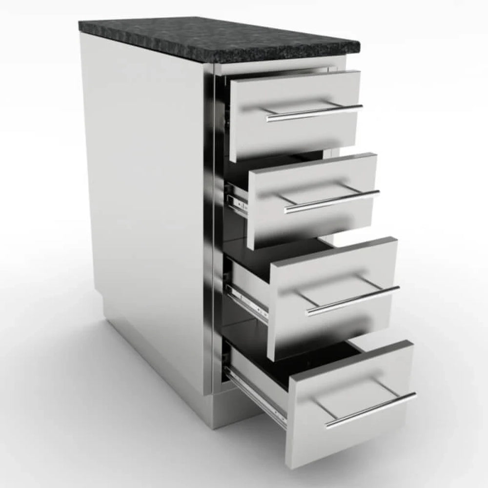 Sunstone SBC12SMD 4-drawer base cabinet with drawers fully extended on heavy-duty glides and topped with a dark granite countertop.