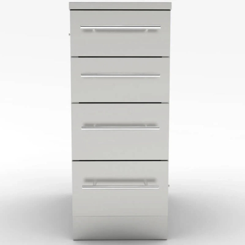 Front view of the Sunstone 12-inch 4-drawer storage cabinet featuring professional-grade stainless steel finish and sleek bar handles.