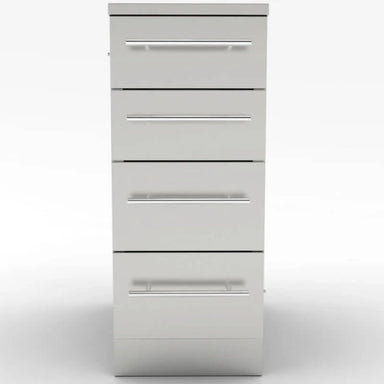 Front view of the Sunstone 12-inch 4-drawer storage cabinet featuring professional-grade stainless steel finish and sleek bar handles.
