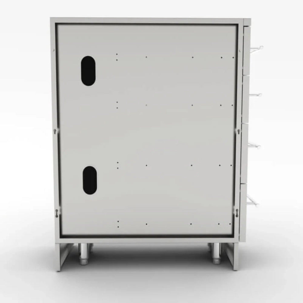 Rear profile of the Sunstone 12-inch stainless steel drawer cabinet highlighting the knock-out panels for easy plumbing and electrical access.