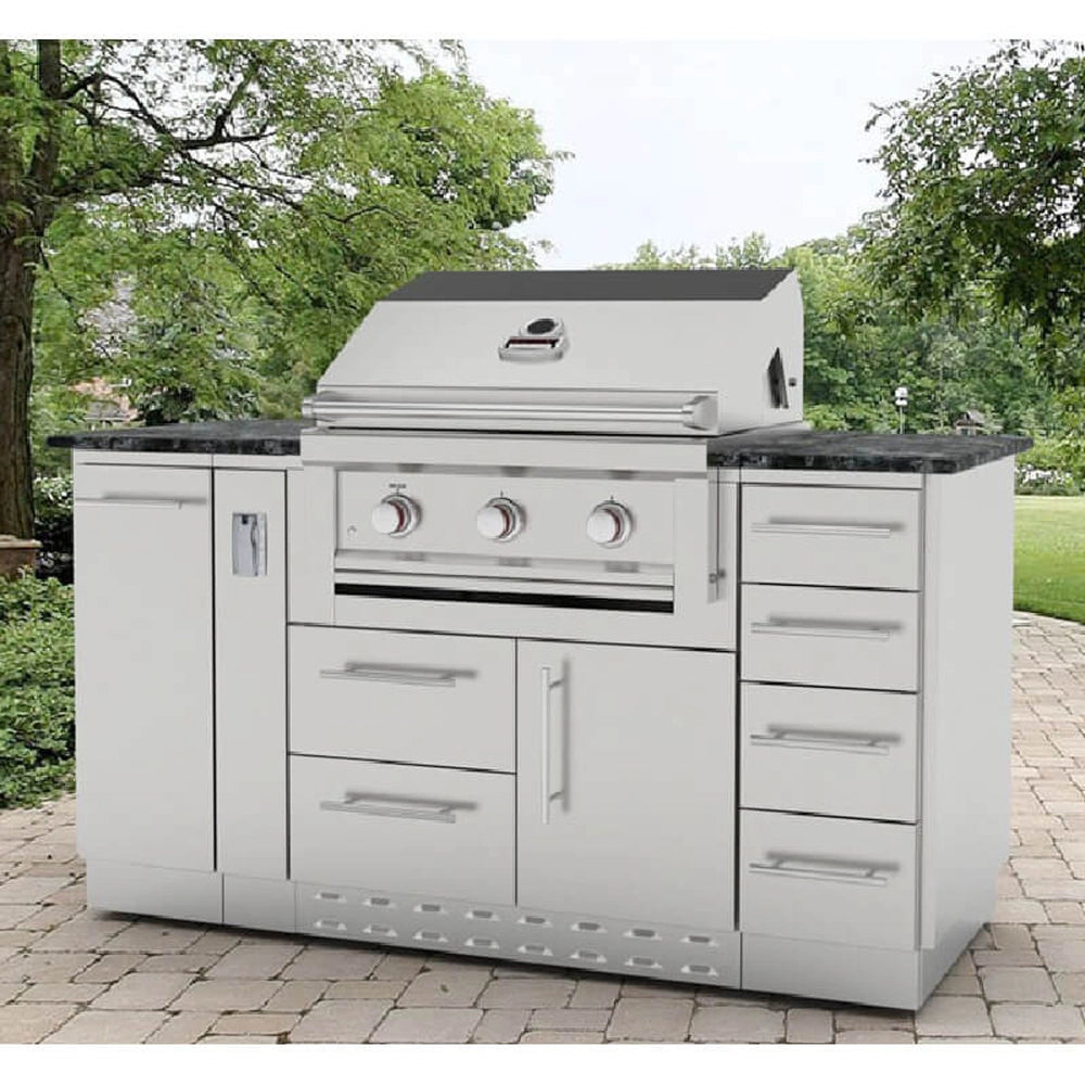 Sunstone SBC12SMD 4-drawer storage unit integrated into a complete outdoor kitchen island setup next to a gas grill.