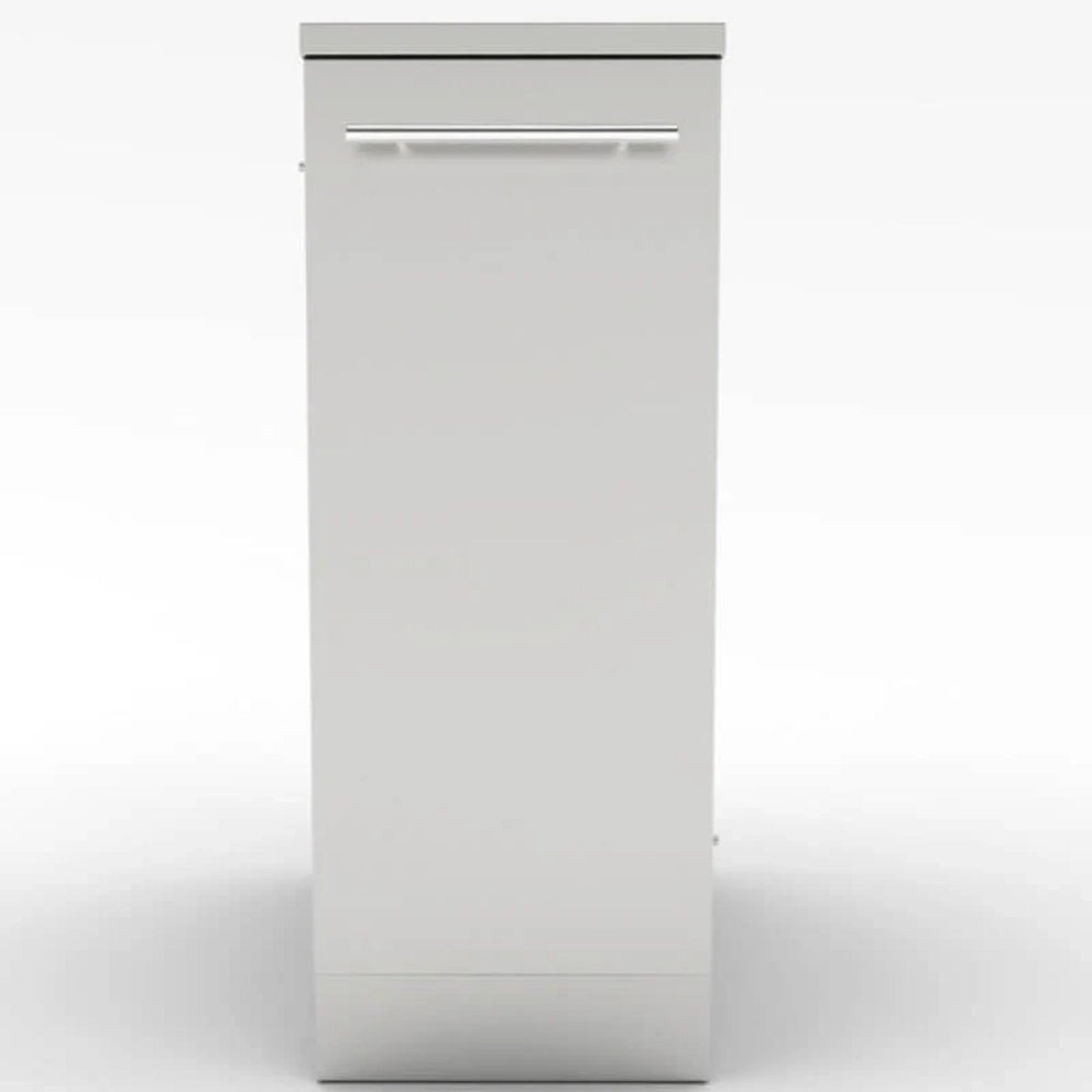 Front view of the Sunstone 12-inch spice rack drawer showing the modern horizontal towel bar handle and seamless stainless steel cabinet face for a luxury grill island.