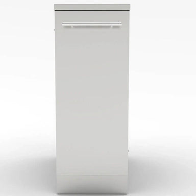 Front view of the Sunstone 12-inch spice rack drawer showing the modern horizontal towel bar handle and seamless stainless steel cabinet face for a luxury grill island.