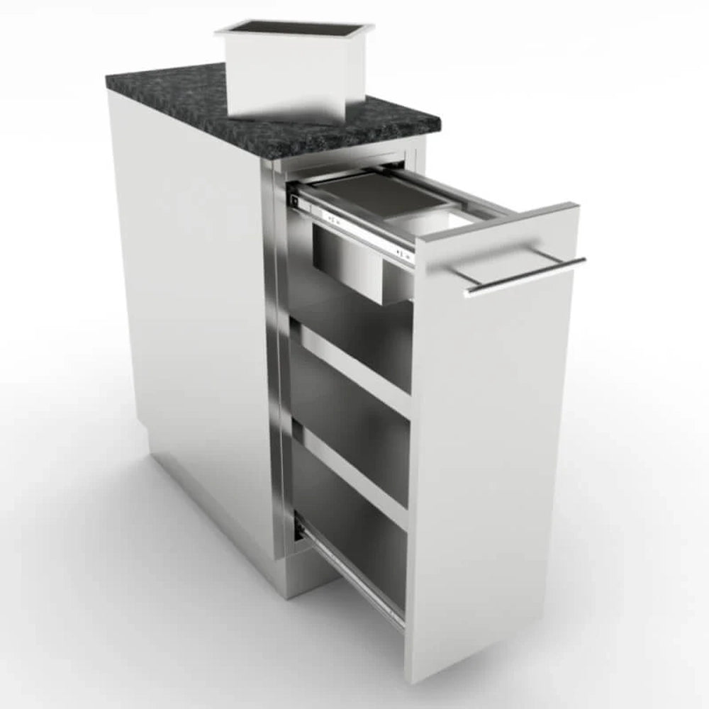Sunstone SBC12SSRD pull-out spice rack drawer fully extended on heavy-duty glides showing three tiered storage levels and a removable top stainless steel bin.