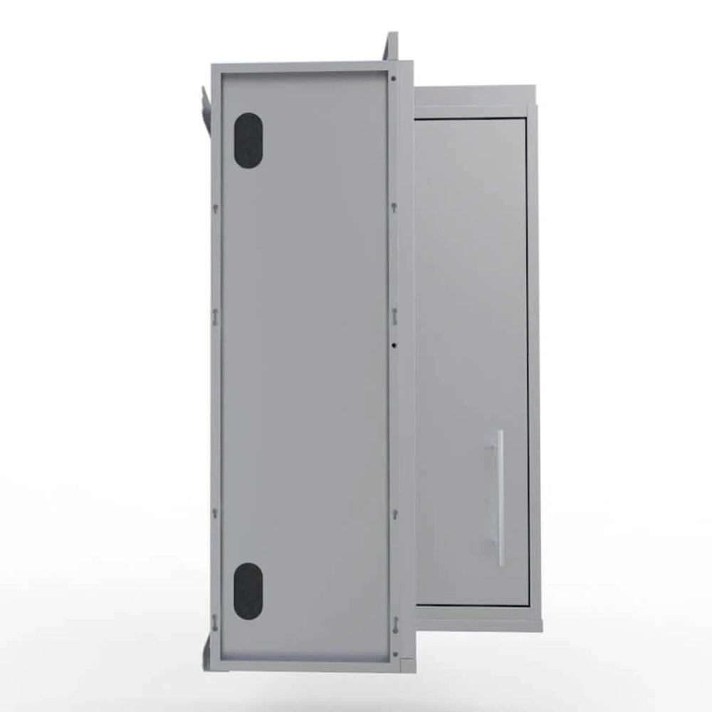 Side profile of the Sunstone SWC12SLS swivel door cabinet showcasing the space-saving 12-inch depth and weather-sealed panels.