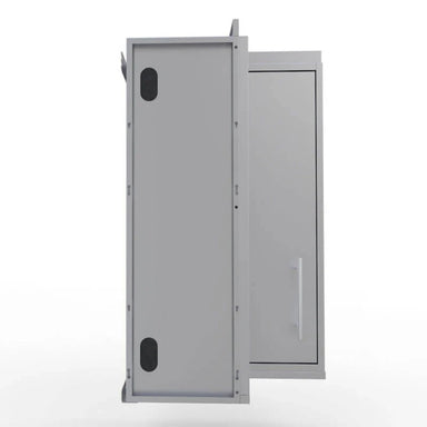 Side profile of the Sunstone SWC12SLS swivel door cabinet showcasing the space-saving 12-inch depth and weather-sealed panels.